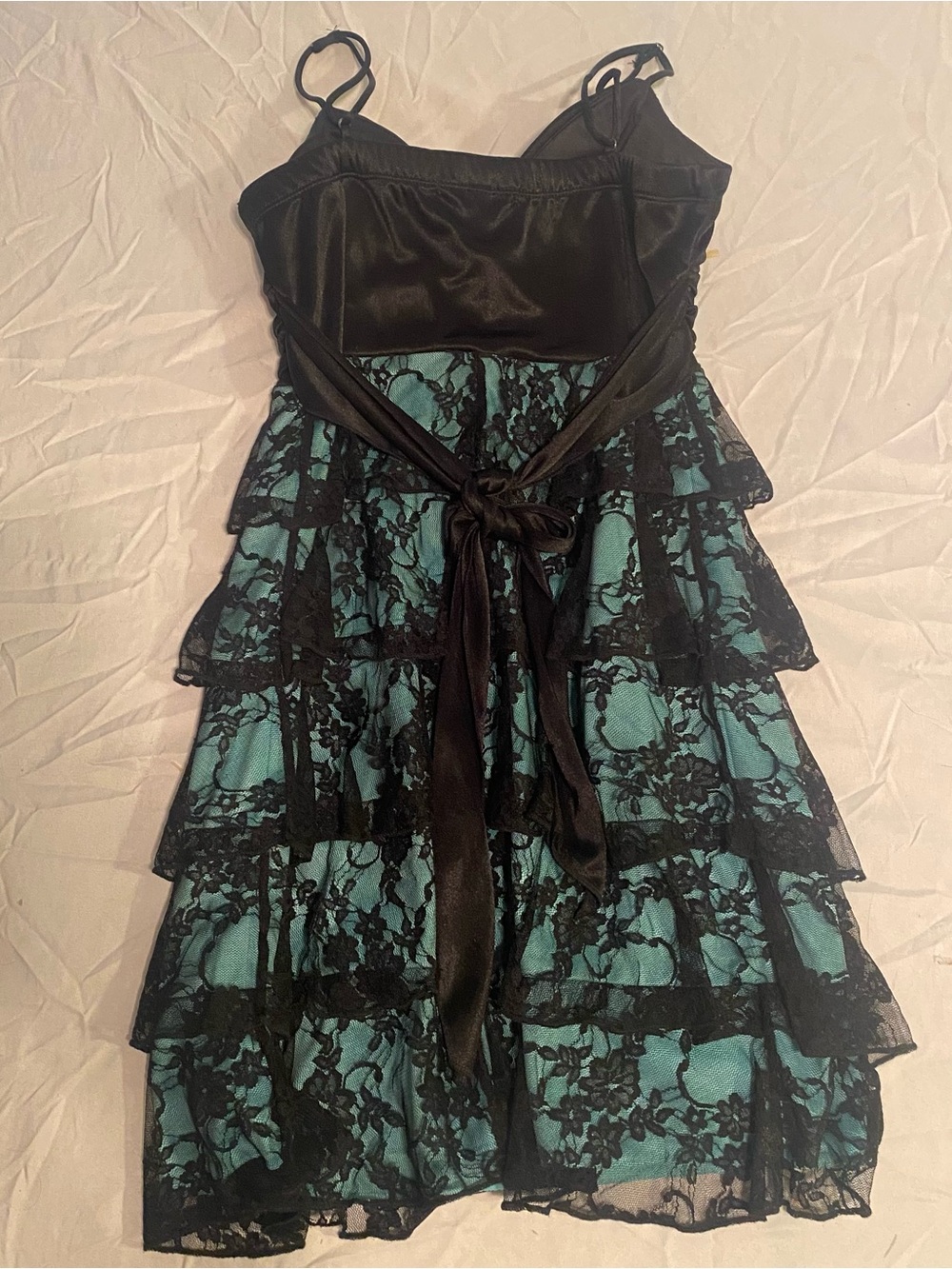 Vintage Y2K Xtraordinary Tiered Black Lace Teal Whimsigoth Party Mini Dress M - Picture 14 of 16